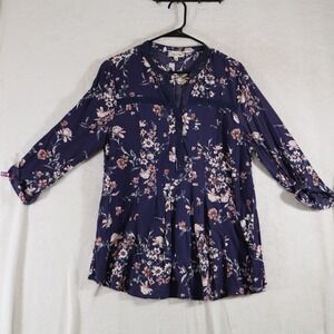Bailey & Chloe Women's Floral Blouse Size L Navy Pink Boho Crochet Trim Peasant